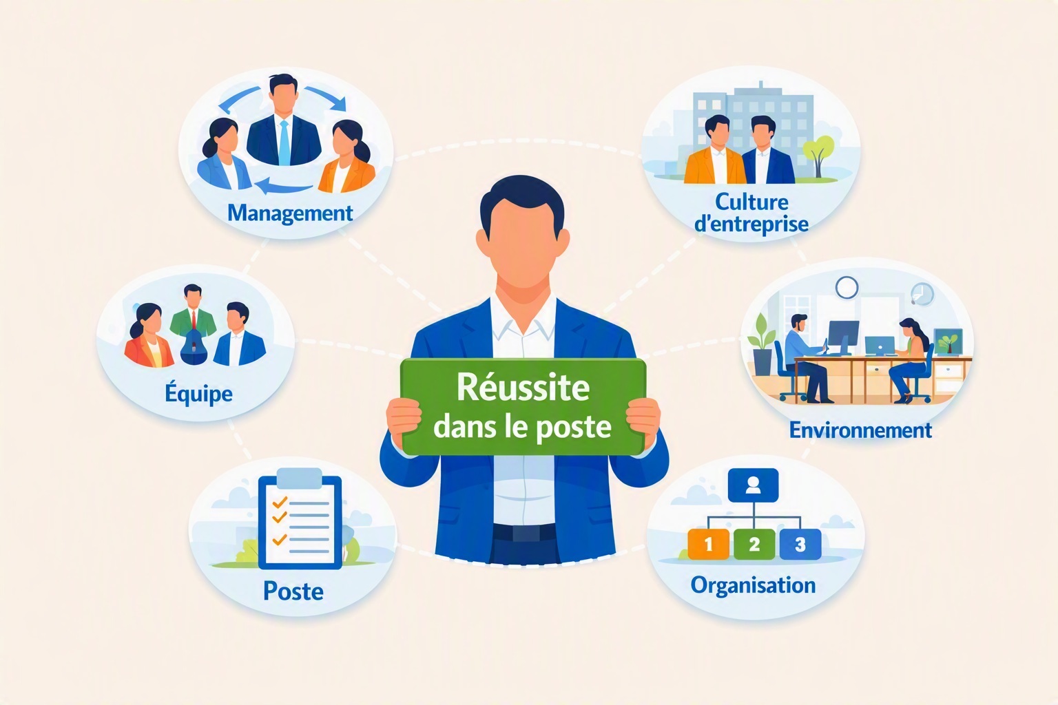 Infographie illustrant l’importance de décrypter une évaluation comportementale en recrutement, en reliant le profil et l’histoire du candidat aux facteurs clés du système de l’entreprise : management, culture, organisation, équipe, poste et environnement professionnel.